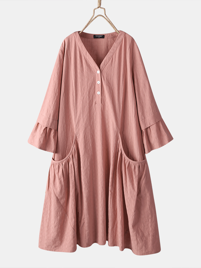 Casual Solid Color Cotton Half Bell Sleeve V-Neck Button Dress with Pocket