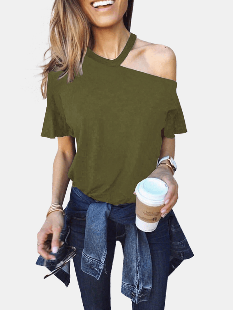 Women Solid Color off Shoulder Long Sleeve Casual Blouse - MRSLM