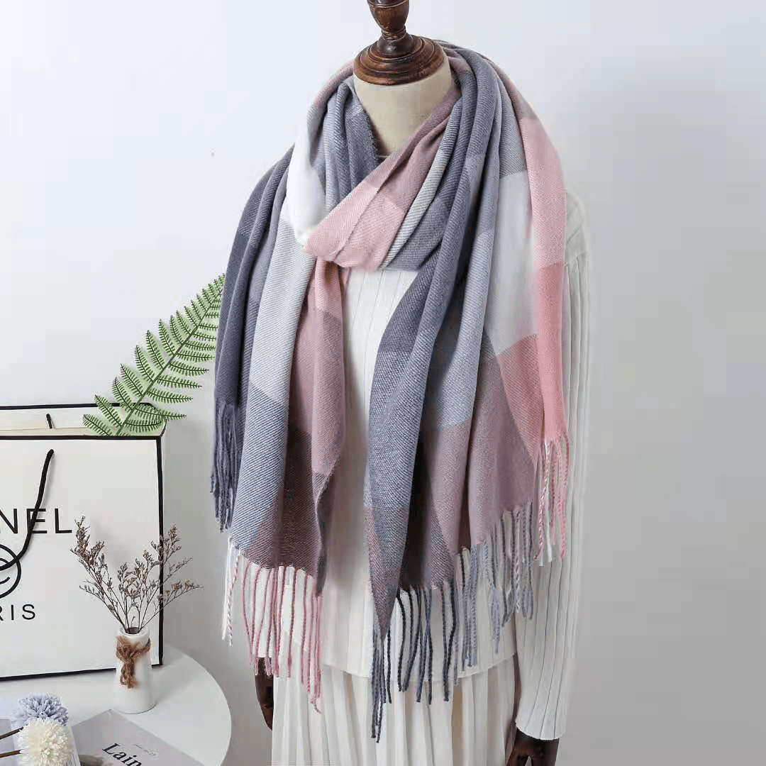 Cashmere Check Scarf Mid-Length Thick Warmth Tassel Shawl