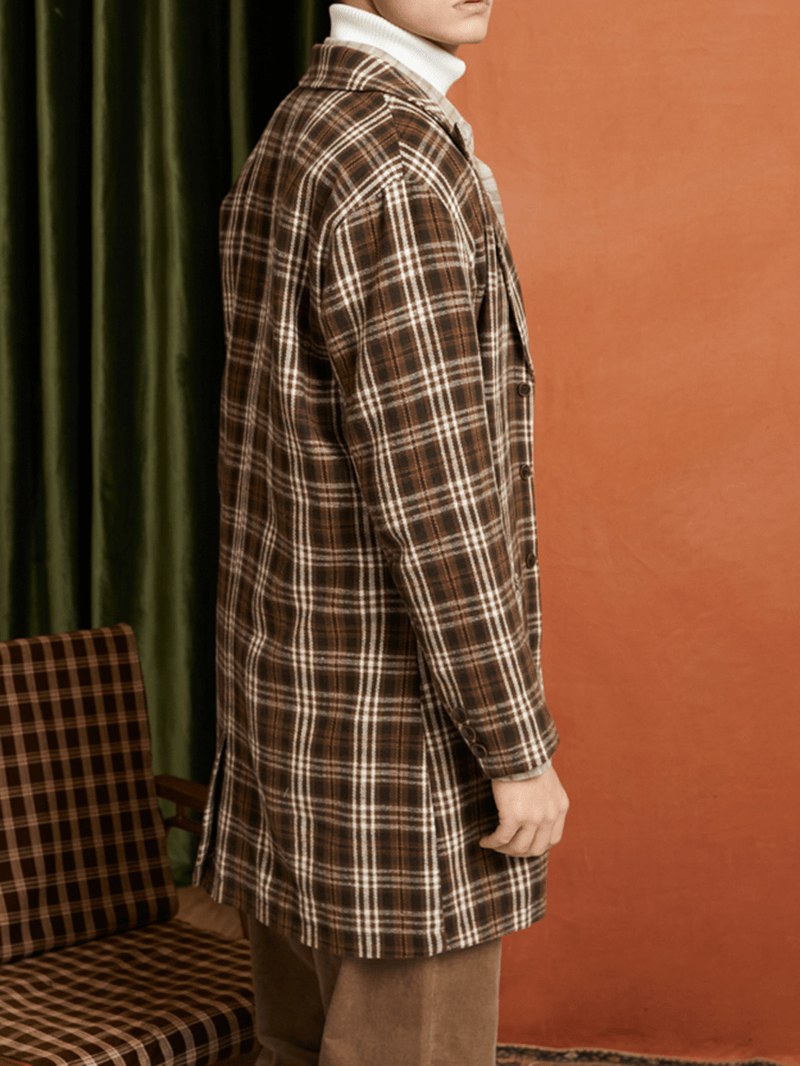 Men Plaid Woolen Single-Breasted Flat Collar Long Trench Pockets Causal Coats