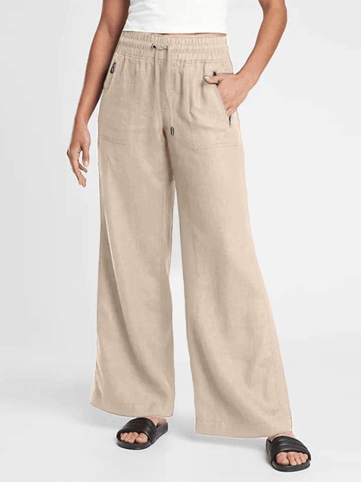 Solid Color Elastic Waist Side Pocket Simple Casual Wide Leg Pants for Women - MRSLM