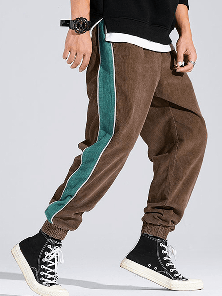 Corduroy Mens Side Stripe Pocket Drawstring Beam Feet Casual Pants