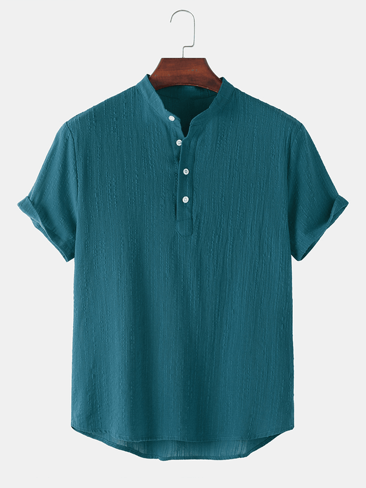 Mens Basic Solid Color Linen Short Sleeve Henley Shirt