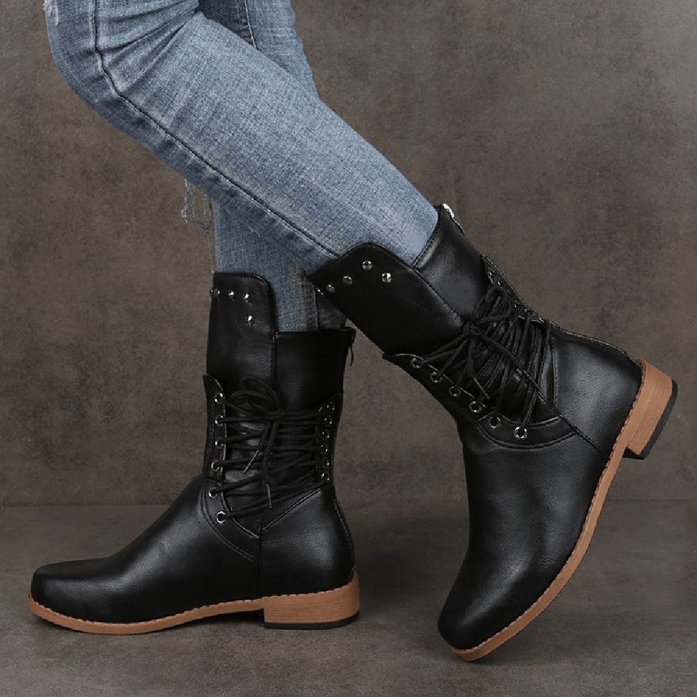 Plus Size Women Retro Rivet Cross Strap Back Zipper Mid Calf Boots