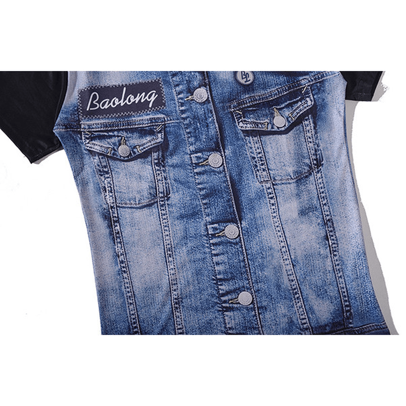 Mens Fashion Creative 3D Denim Jacket Printed T-Shirts Casual O-Neck Short Sleeve Tops Tees