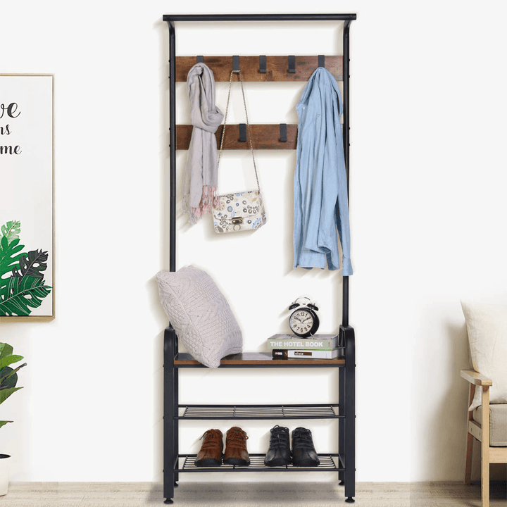 4-In-1 Coat Rack Hall Tree with Shoe Bench for Entryway Easy Assembly All in One Piece Industrial Accent Furniture with Steel Frame