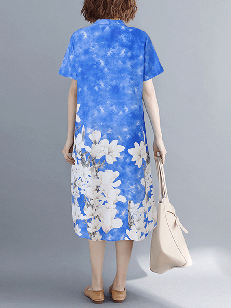 Short Sleeve Spliced Floral Casual Tie-Dyed Dress for Women