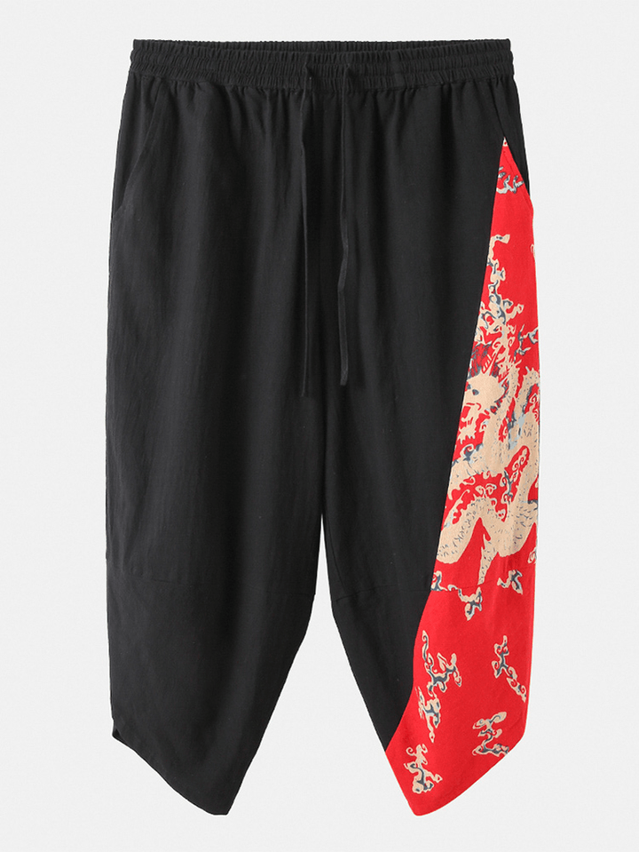 Mens 100% Cotton Breathable Dragon Print Calf Length Pants