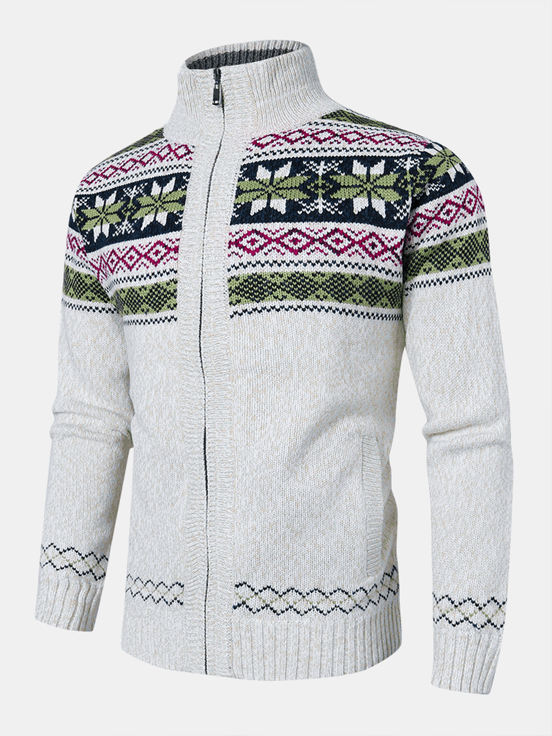 Mens Geometric Graphics Knitted Fleece Lined Warm Sweater Cardigans