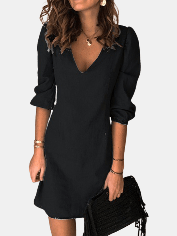 V-Neck Denim Mini Shirt Dress with 3/4 Sleeves for Women - Casual and Chic - MRSLM