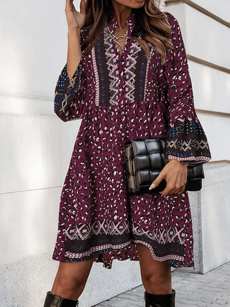 V-Neck Full Sleeve Floral Printed Bohemian Loose Dress for Women - MRSLM