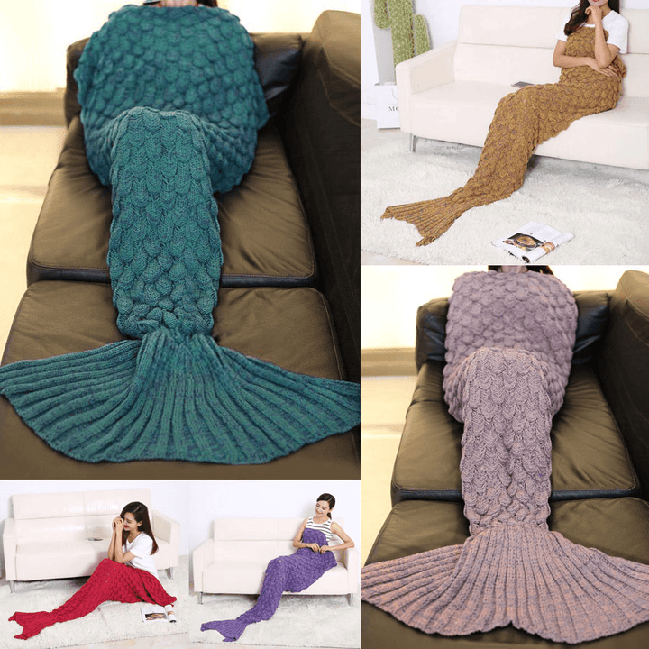 195X90Cm Yarn Knitted Mermaid Tail Blankets Handmade Crochet Throw Super Soft Sofa Bed Mat