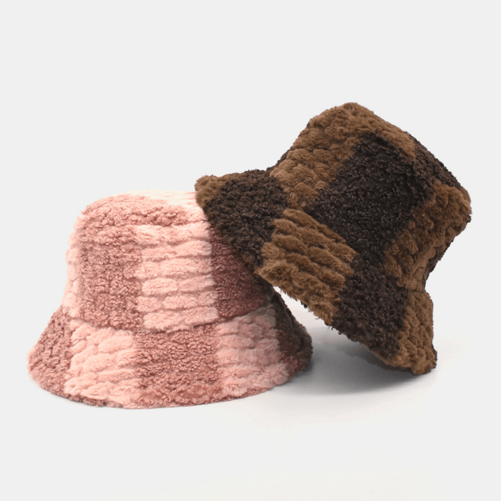 Unisex Lamb Hair Contrast Color Casual Warm Couple Hat Bucket Hat