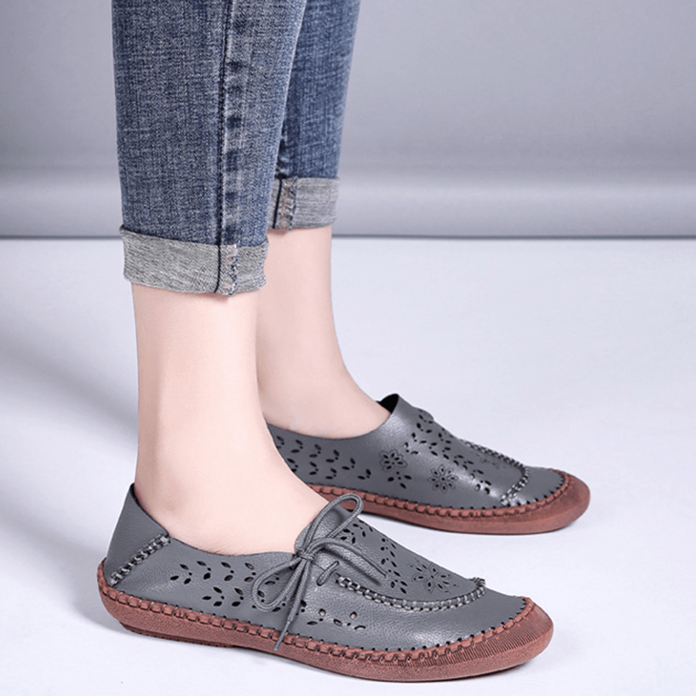 Women Genuine Leather plus Size Breathable Hollow Out Soft Sole Casual Flats Loafers