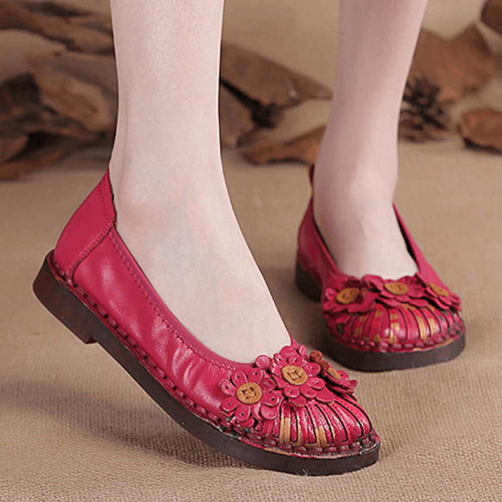 Women Retro Flowers Decor Handmade Stitching Non Slp Soft Sole Loafers