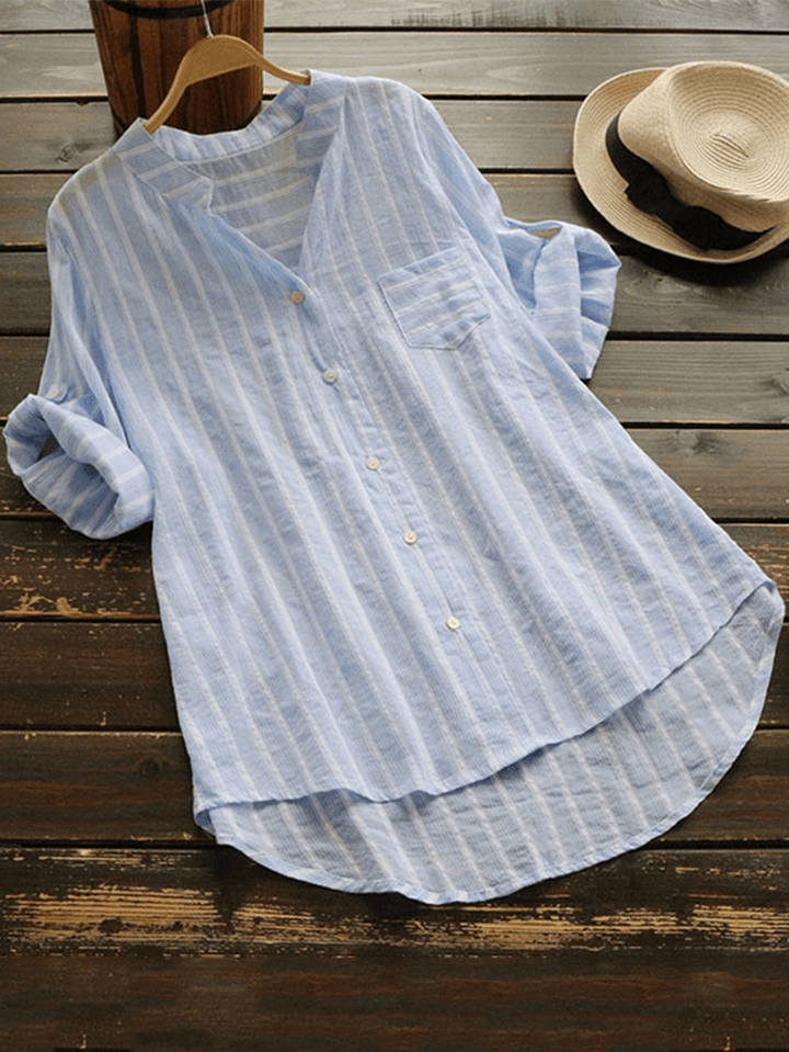 Women Stripe V-Neck Buttons 3/4 Fold Sleeve Irregular Blouse