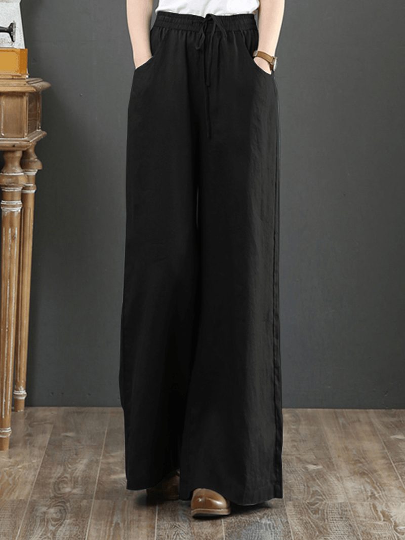 Women Solid Color Elastic Waist Drawstring Wide Leg Pants with Pocket