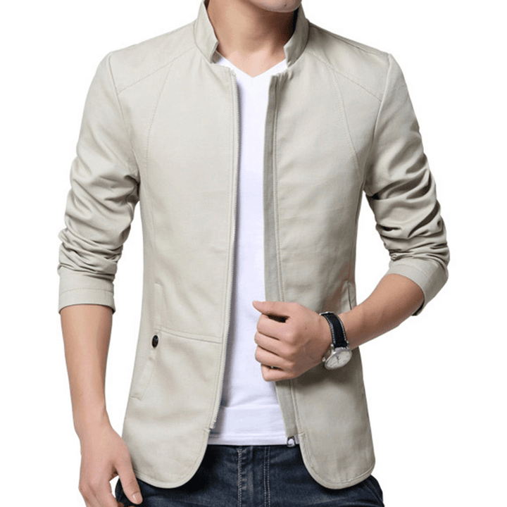 Men Fashion Business Stand Collar Cotton Casual Solid Jacket