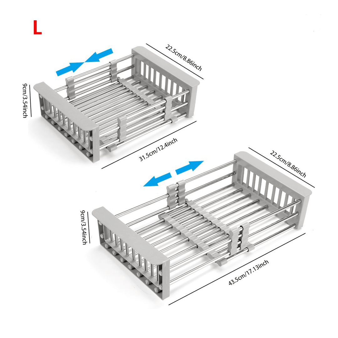 Kitchen Sink Stainless Steel Drain Basket Telescopic Multifunctional Fruit Washing Basket Dish Rack - MRSLM