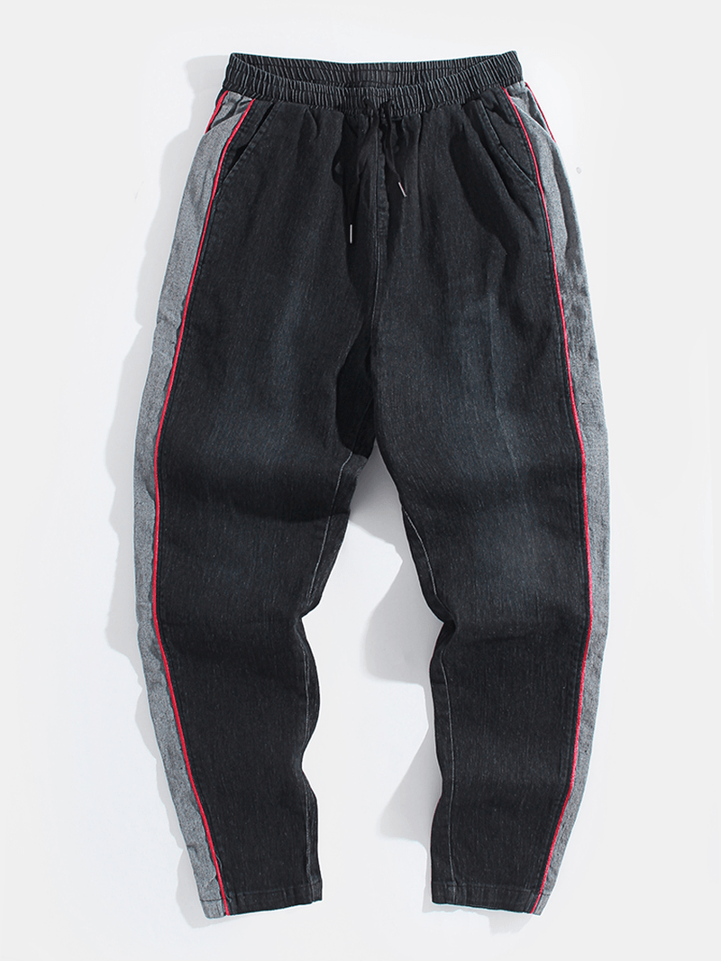 Mens Contrast Side Piping Patchwork Cotton Drawstring Denim Pants