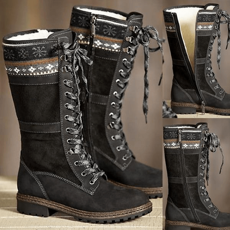 Large Size Winter Suede Warm Lace up Zipper Mid-Calf Boots