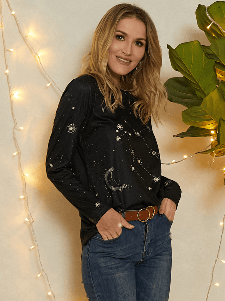 Women Gemini Print Stars Moon O-Neck Long Sleeve Casual T-Shirt