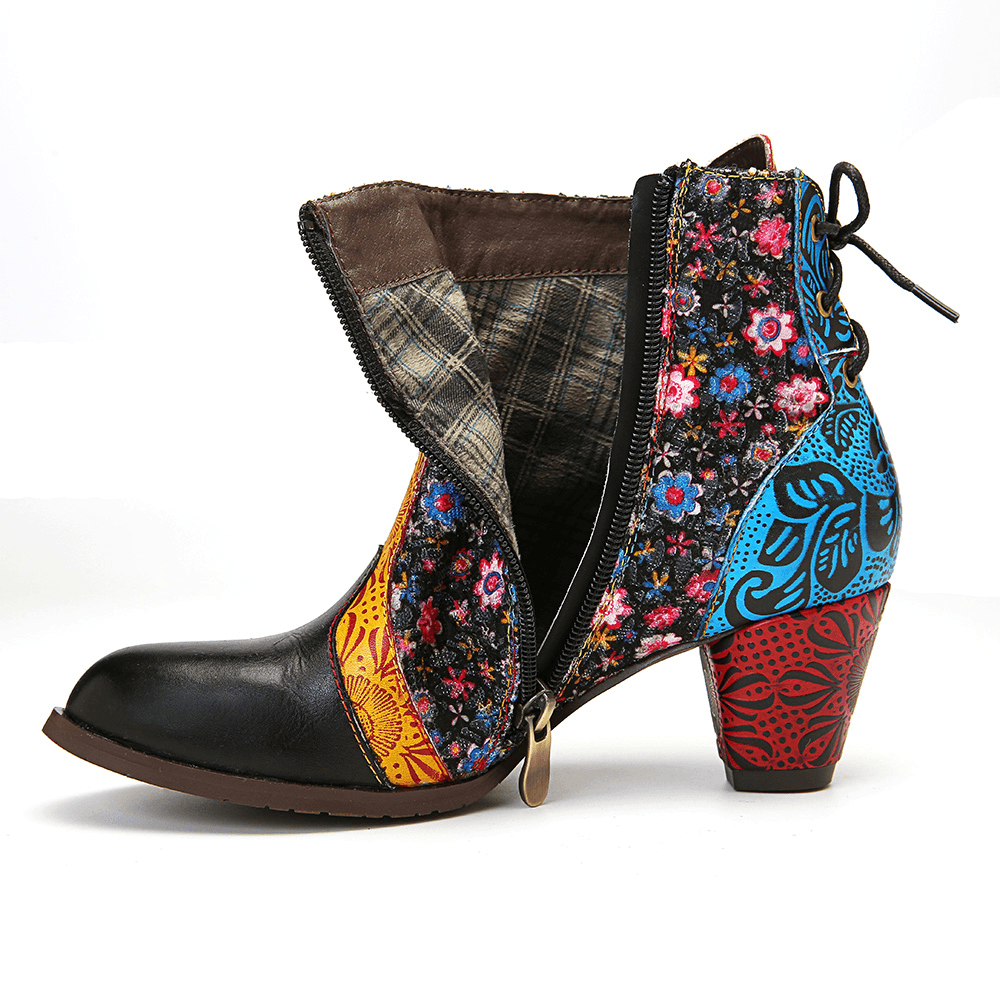 Women Retro Leaf Flower Leather Comfy Zipper Ankle Boots