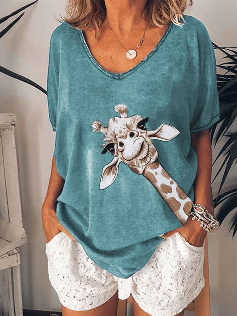 Giraffe Print V-Neck Women Casual Loose Blouse - MRSLM