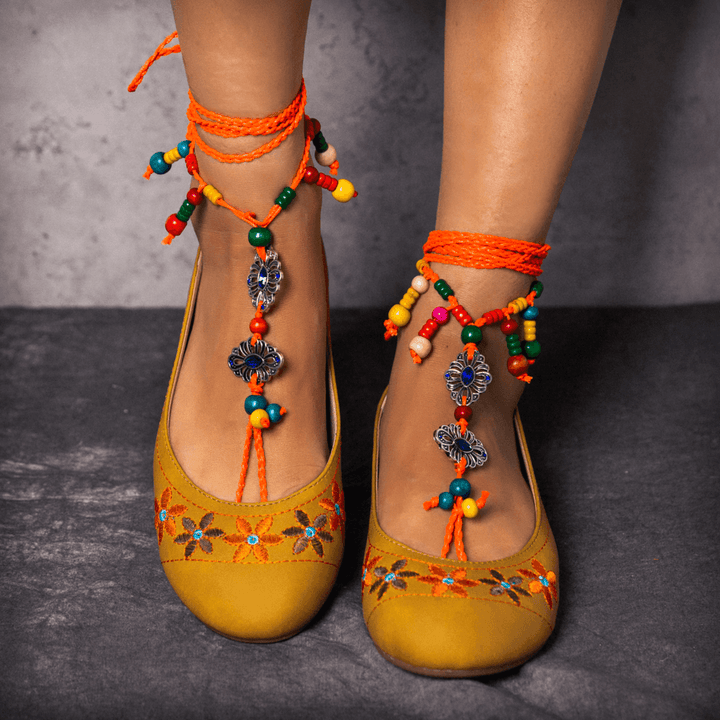 LOSTISY Exotic Style Embroidered Beaded Chain Yellow Casual Bohemia Flats