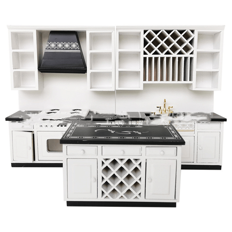 Mini Kitchen Furniture Three Piece Set of Black and White Cooking Counters