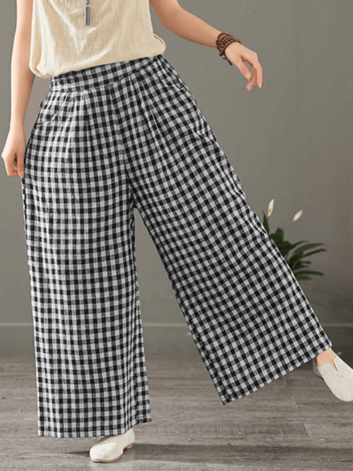 Women Plaid Print Elastic Waist Vintage Casual Loose Wide Leg Pants with Pockets