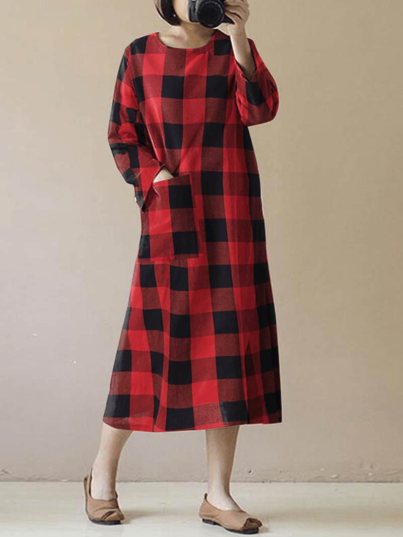 Women Vintage Plaid O-Neck Long Sleeve Splited Midi Dress - MRSLM