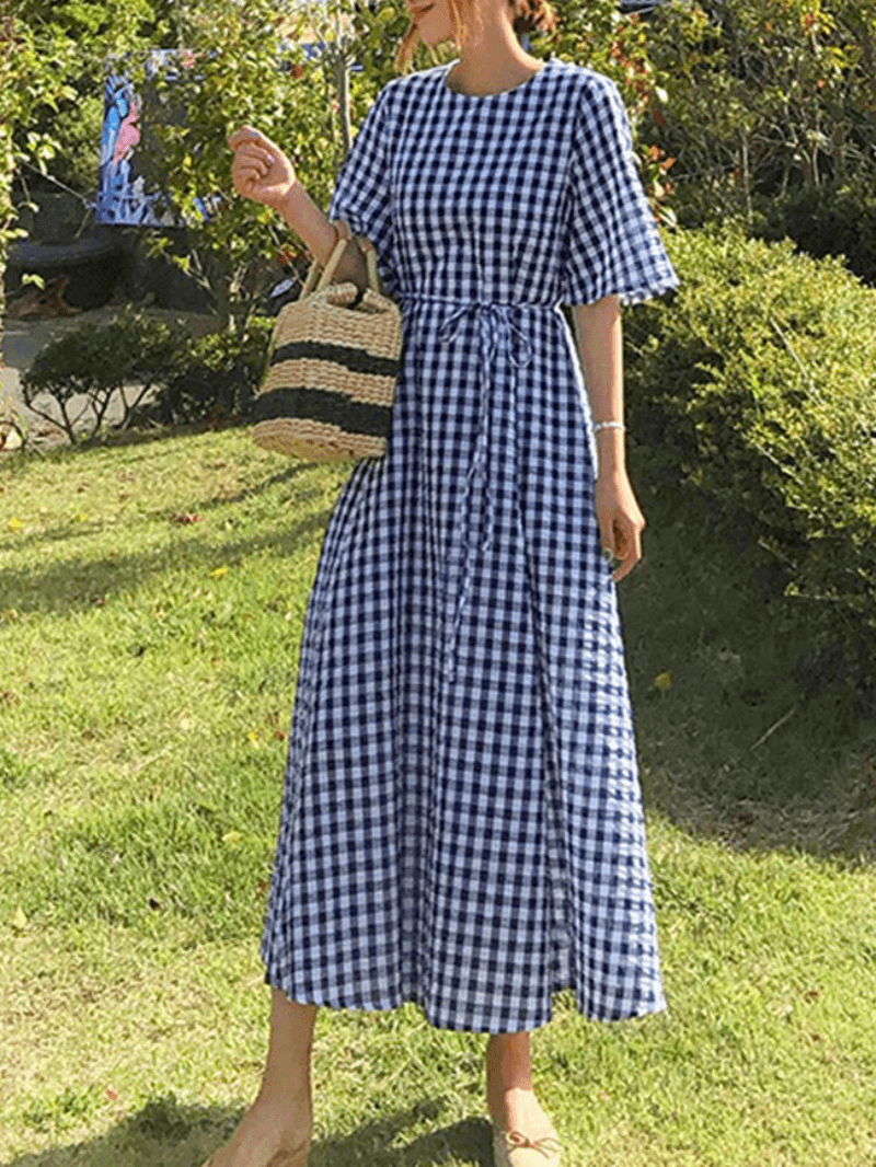 Women Summer Short Sleeve Plaid Bow-Knot Casual Dress