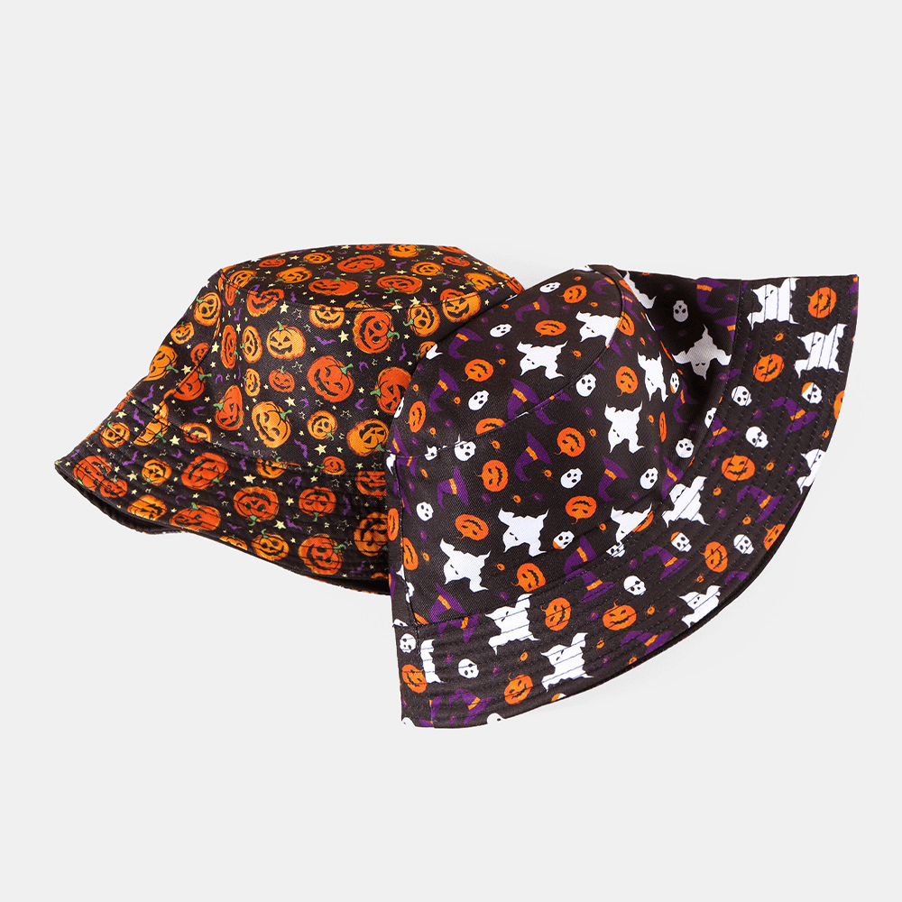 Unisex Pumpkin Ghost Skull Pattern Halloween Bucket Hat Casual Funny Foldable Sunshade Hat