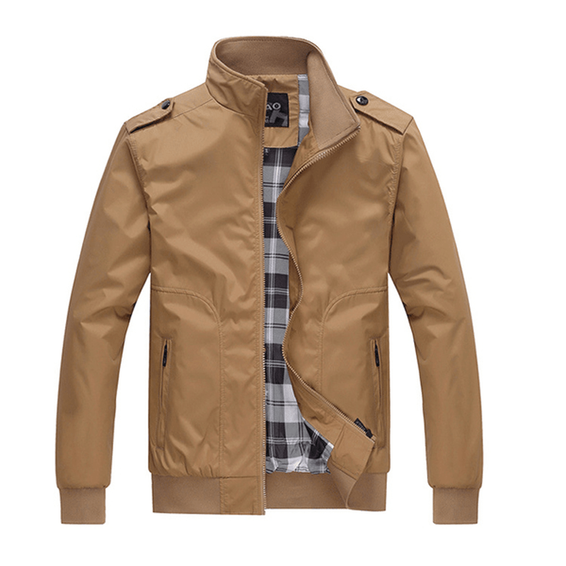 Mens Casual Autumn Stand Collar Jacket Solid Color Nylon Zipper Pocket Coat