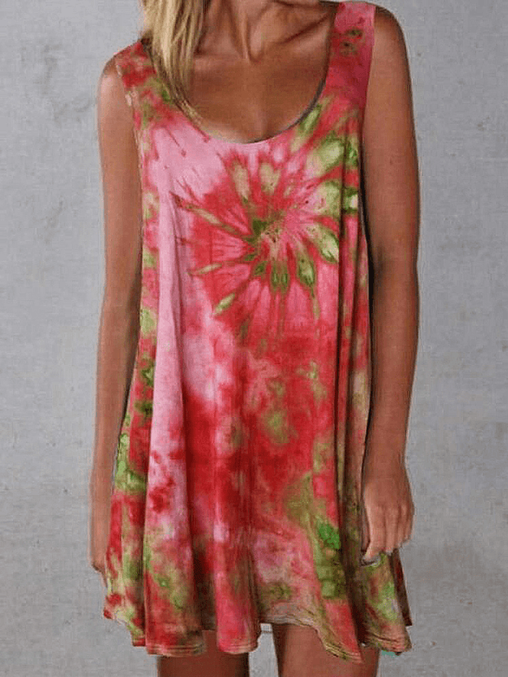 Women Tie-Dye Print Crew Neck Summer Sleeveless Loose Dress - MRSLM