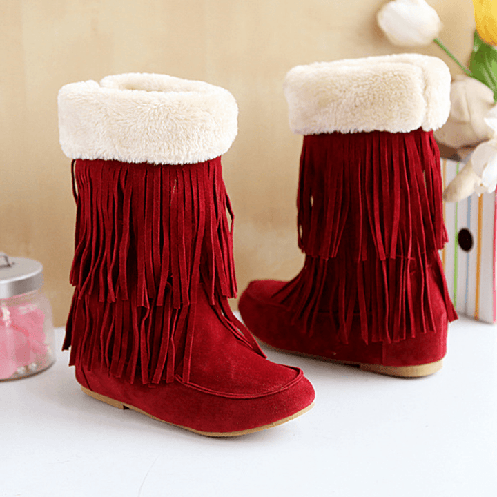 Women Tassel Boots Warm Fluff Flanging Mid-Calf Snow Boots