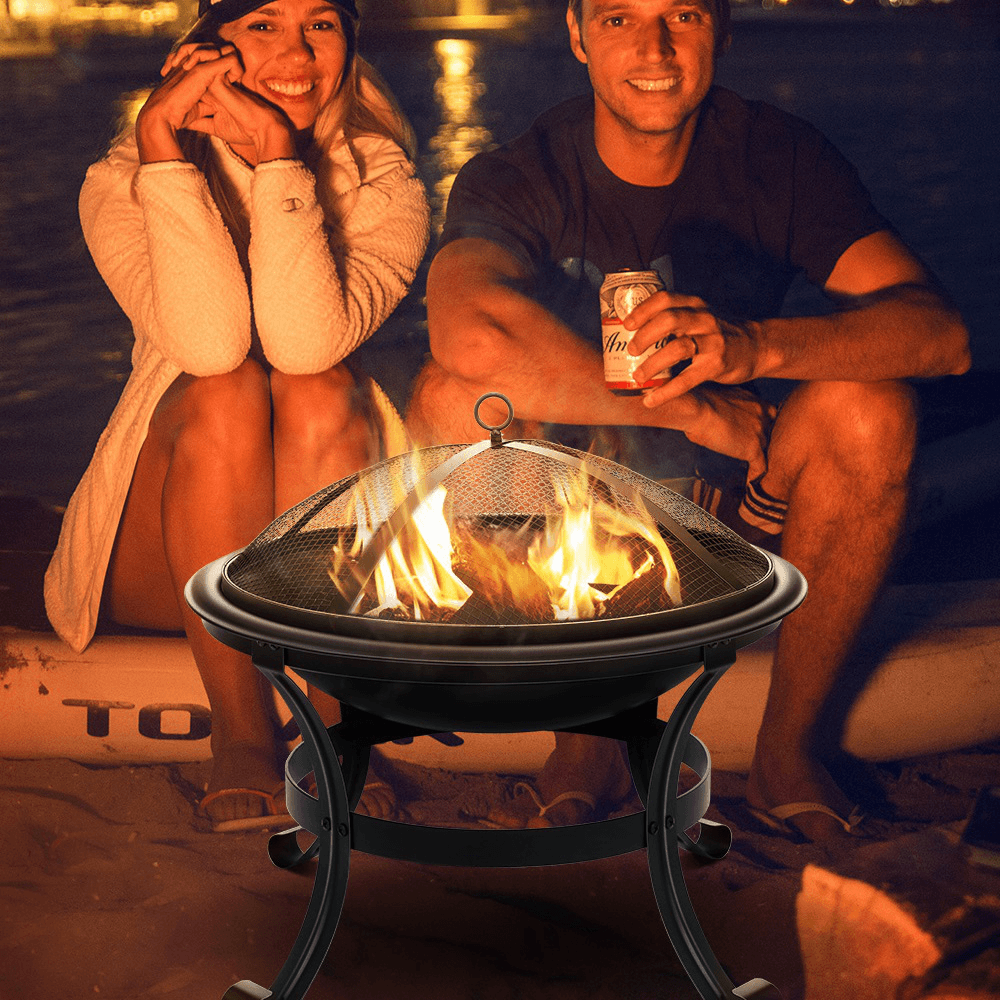 [US/ EU Direct] XMUND XM-CG1 22 Inch Steel Fire Pits Firepit with Mesh Screen Durability and Rustproof Fire Bowl BBQ Grill for Outdoor Wood Burning Camping Bonfire Garden Beaches Park