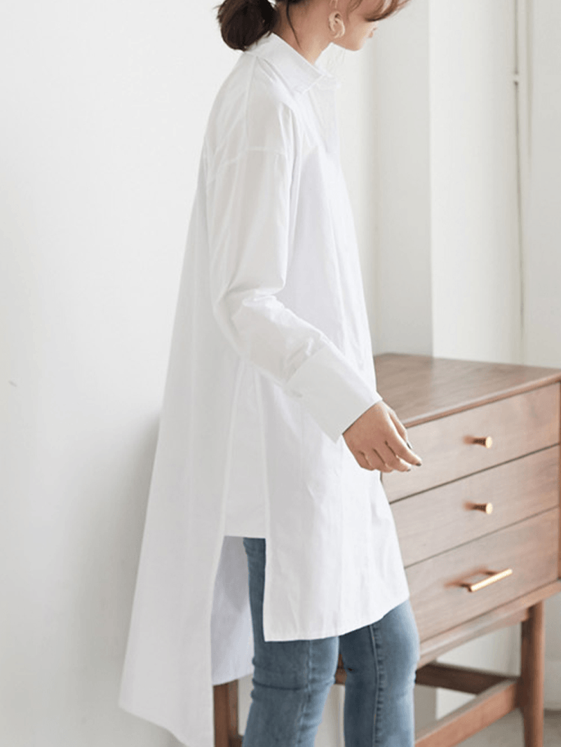 Solid Color Asymmetrical Hem Button Long Sleeve Casual Shirt for Women