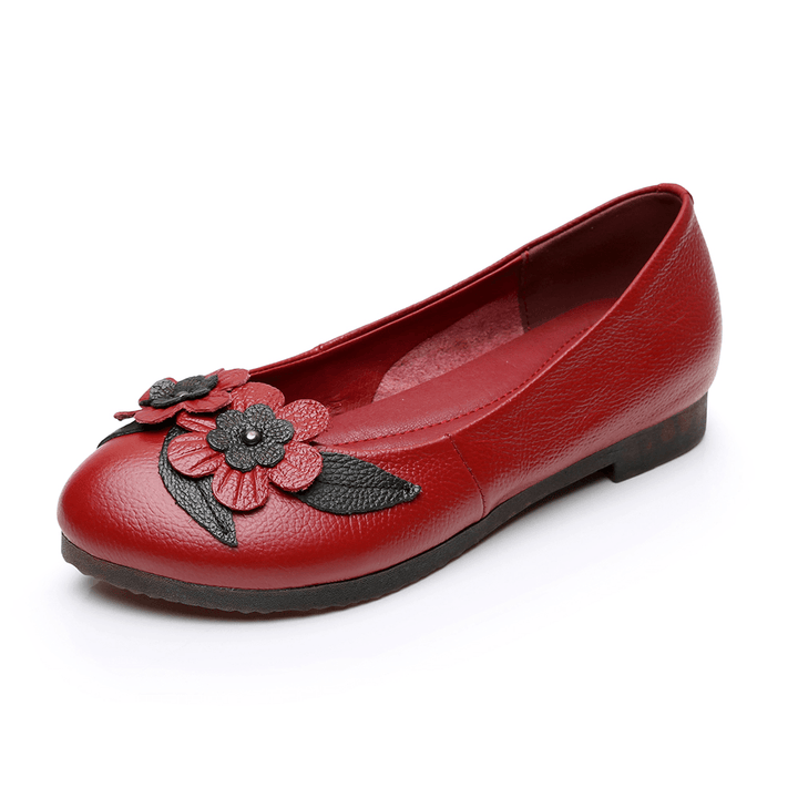 Women Flowers Decor Comfy Sole Soft Leather Loafers - MRSLM