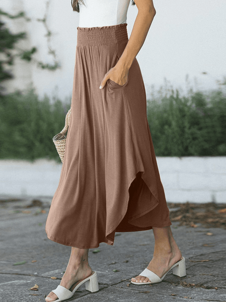 Women Elastic Waist Irregular Hem Side Fork Casual Skirts with Pocket