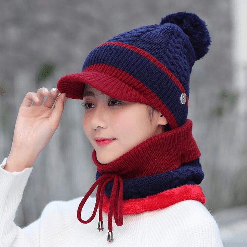 Wool Cap and Scarf Set Beanie Warm Winter Pom Wooly Cap