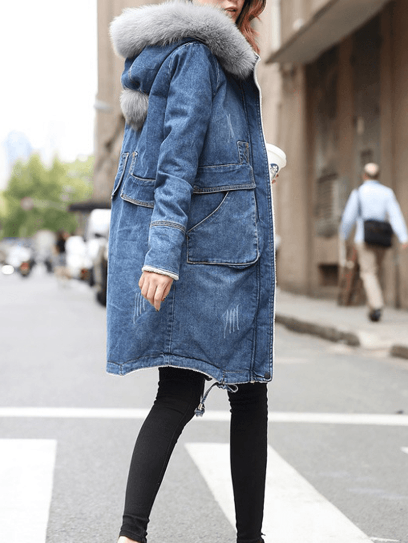 Casual Women Faux Fur Collar Double Pocket Thick Denim Coat