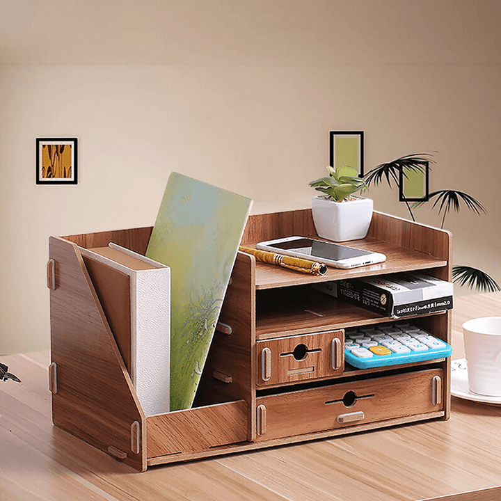 13.8X8X8" Wooden DIY Storage Box with Drawer Cosmetics Organizer Desktop Home Decorations