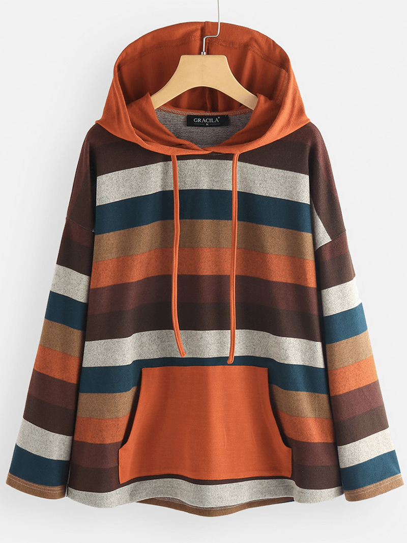 Women Contrast Color Stripe Patchwork Hoodie - MRSLM