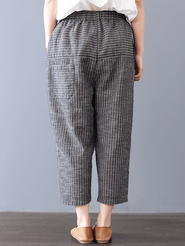 Women Stripe Elastic Waist Pockets Harem Pants