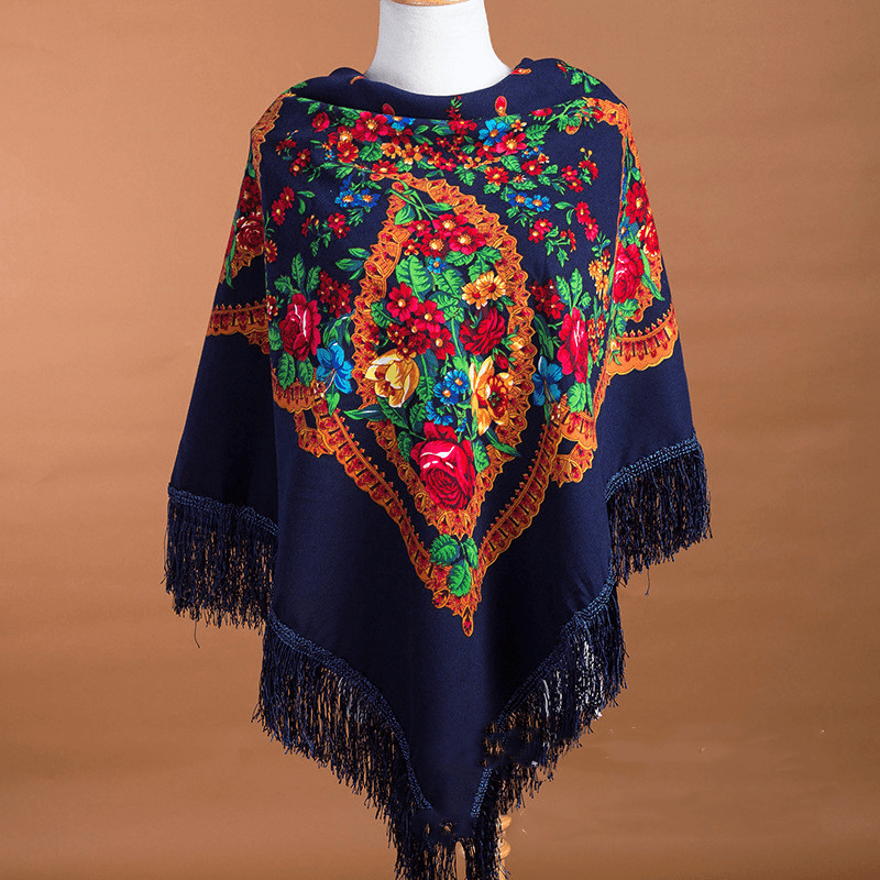 Large Square Scarf Shawl with Ethnic Print Tassels to Keep Warm