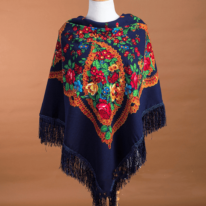 Large Square Scarf Shawl with Ethnic Print Tassels to Keep Warm