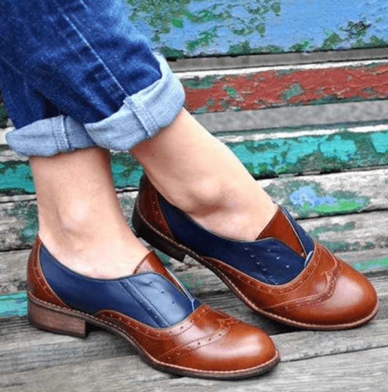 Women Color Splicing Square Heel round Toe Brogue Oxfords Casual Flats Loafers