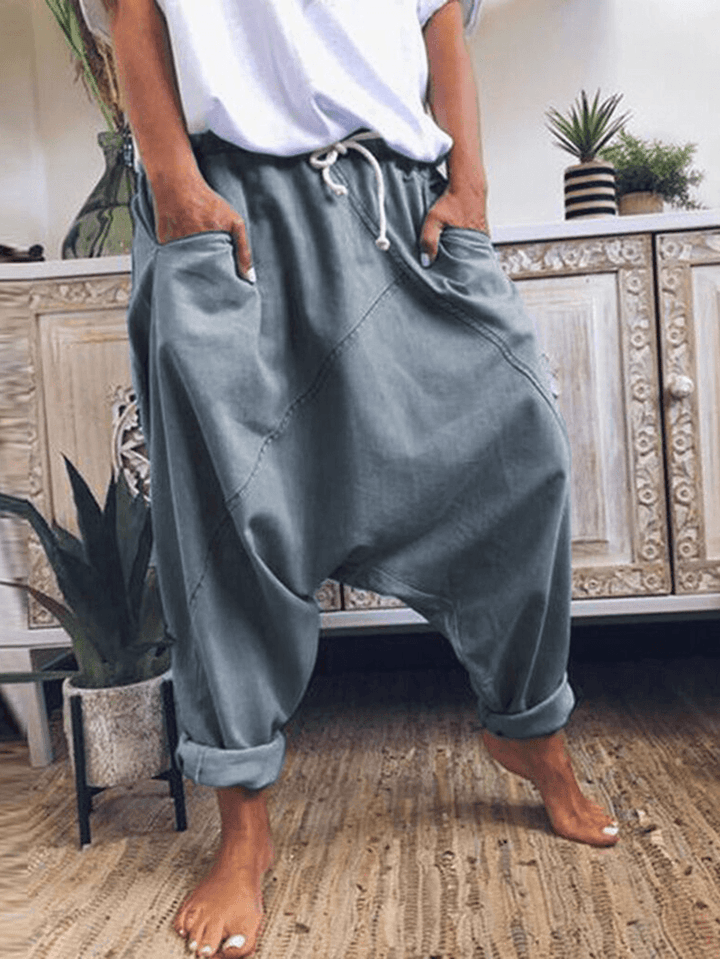 Casual Solid Drawstring Waist Harem Pants